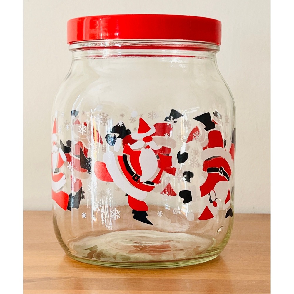 Vintage Anchor Hocking‎ Dancing Santa In The Snow Glass Canister 2 Qt Christmas